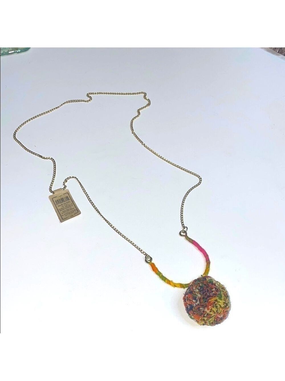 Creative Co-op Gold Necklace with Colorful Cotton Woven Pendant NWT